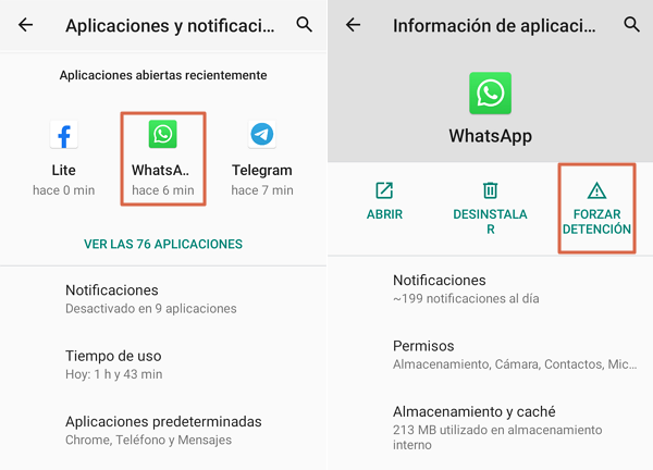 O WhatsApp não funciona - Causas e soluções - Forçar a paragem da aplicação - Passo 2